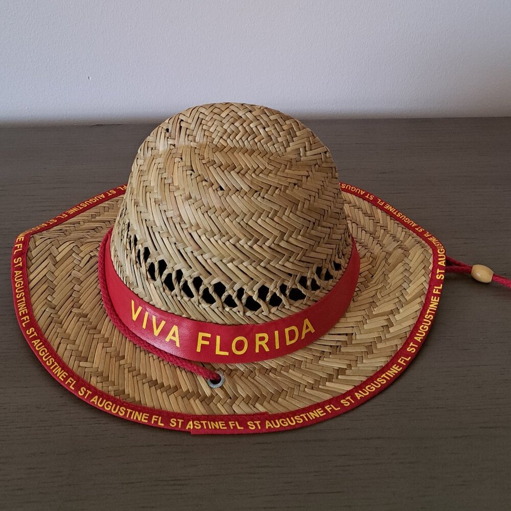 Brand New Straw Breathable Sun Hat Adjustable Chin Strap Red Ribbon Viva Florida